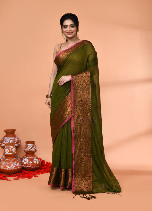 Piyari Fashion Women`s Cotton Blend Moss Green Handloom Saree With Blouse