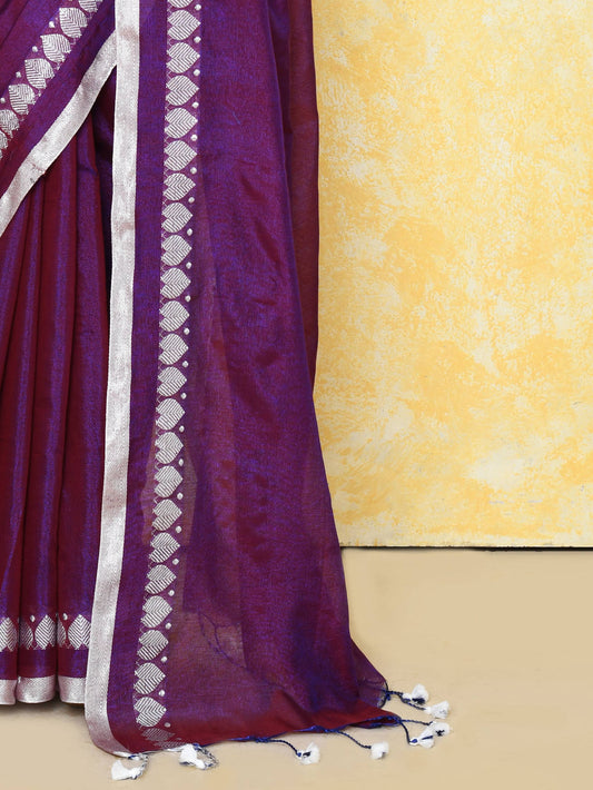 Piyari Fashion Women's Love Border Purple Tissue Saree With Blouse Piece