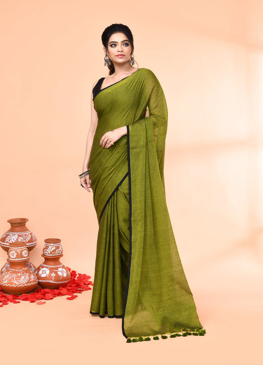Piyari Fashion Olive Mulmul Cotton Saree With Tassels