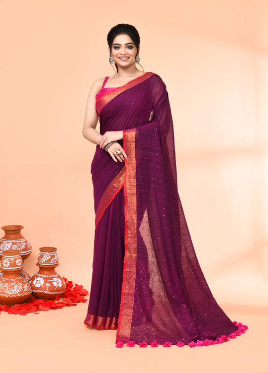 Piyari Fashion Women`s Cotton Handloom Magenta Sequin Saree With Blouse