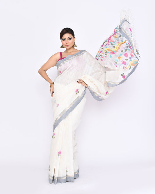 Piyari Fashion Women's Off White Embellished Matka Silk Jamdani Saree