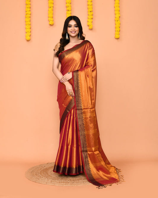 Piyari Fashion Women's Pink Yellow Dual Tone Zari Cotton Handloom Tissue Saree