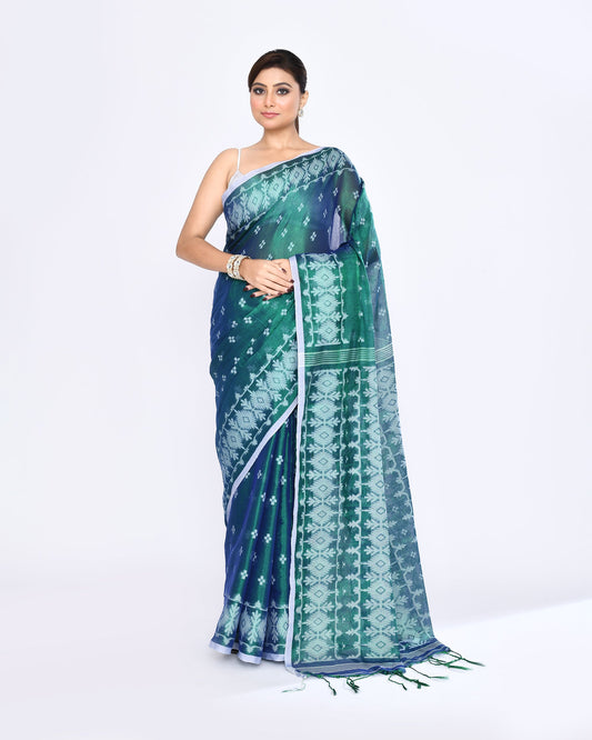 Piyari Fashion Women's Blue Green Zari Cotton Tissue Jamdani Saree
