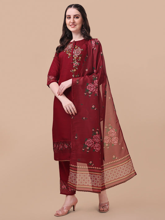 Embroidered Kurta With Pant & Dupatta Set, Multicolor - Hiral Fashion
