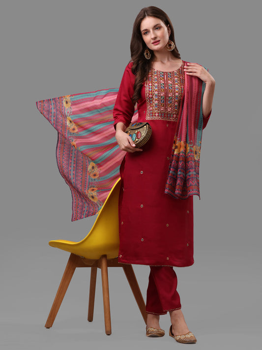 Fuchisia Embroidered Kurta Pant & Dupatta Set, Multicolor - Hiral Fashion