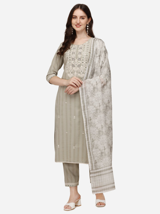 Floral Embroidered & Thread Work Kurta With Pant & Dupatta Set, Multicolor - Hiral Fashion