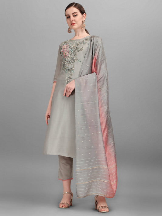 Floral Embroidered Kurta With Pant And Dupatta Set, Multicolor - Hiral Fashion