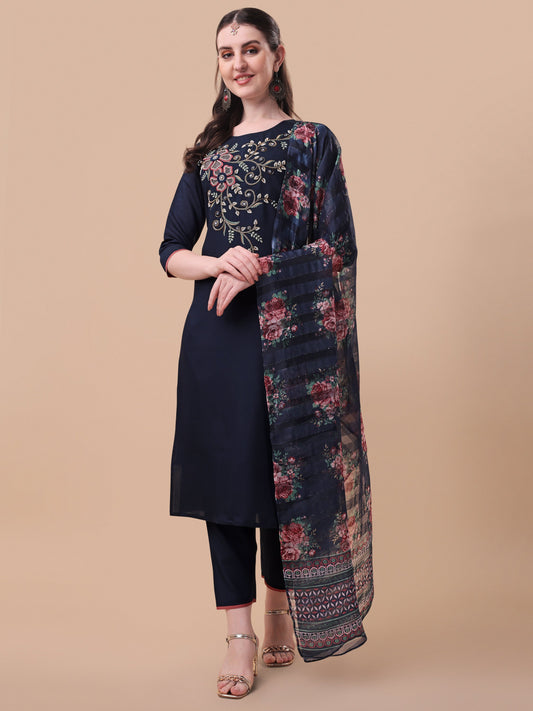 Hand Embroidered Kurta With Pant And Printed Dupatta Set, Multicolor - Hiral Fashion