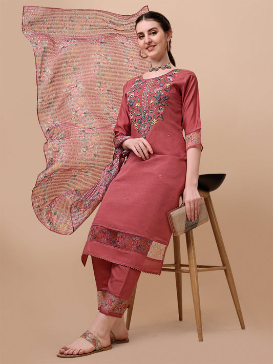 Embroidered Kurta With Pant & Printed Dupatta Set, Multicolor - Hiral Fashion