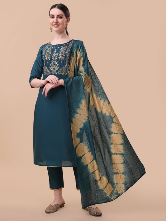 Embroidered Kurta With Pant& Dupatta Set, Multicolor - Hiral Fashion