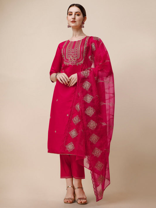 Embroidered Kurta With Pant & Dupatta Set, Multicolor - Hiral Fashion
