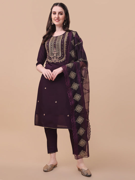 Embroidered Kurta With Pant & Dupatta Set, Multicolor - Hiral Fashion