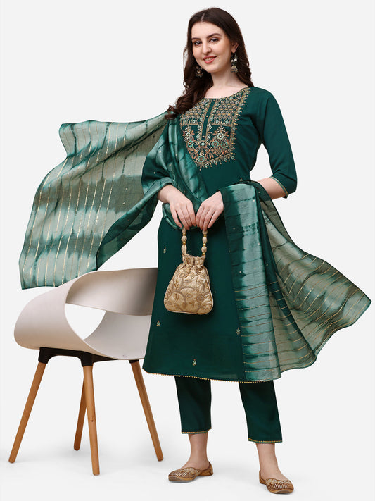 Embroidered Kurta With Pant And Dupatta Set, Multicolor - Hiral Fashion