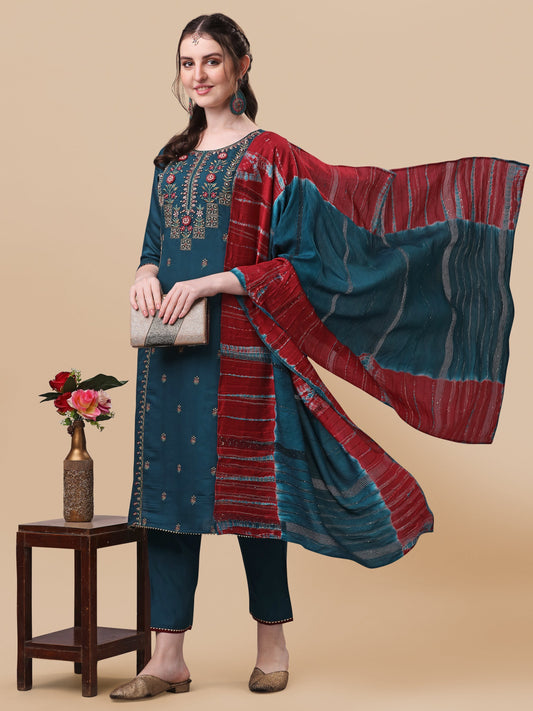 Printed Kurta With Pant And Dupatta Set, Multicolor - Hiral Fashion
