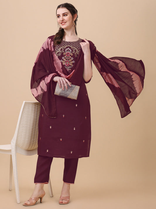 Embroidered Kurta With Pant And Dupatta Set, Multicolor - Hiral Fashion
