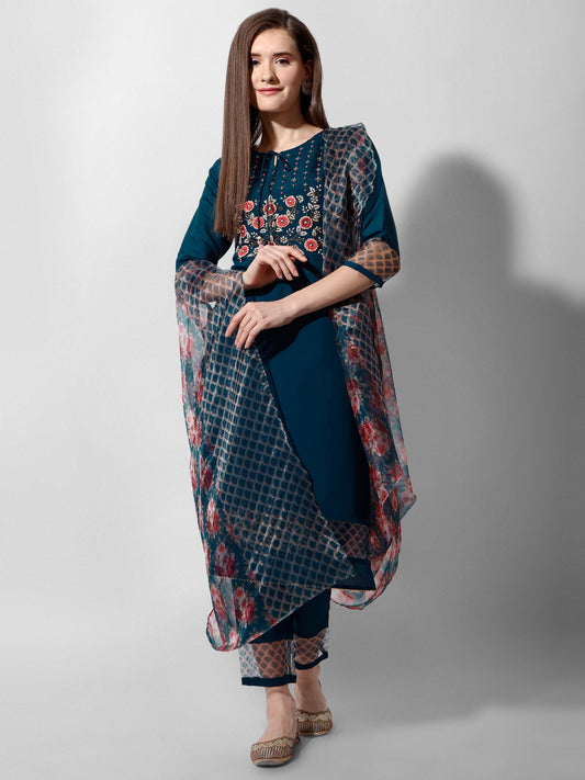 Hand Embroidered Kurta With Pant And Organza Dupatta Set Premium, Multicolor - Hiral Fashion