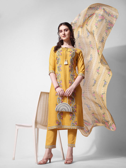 Embroidered Rayon Sequined Kurta With Pant & Dupatta Set Premium, Multicolor - Hiral Fashion