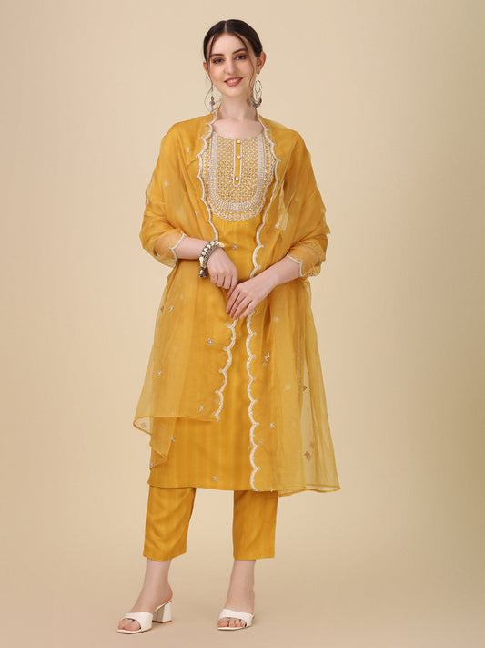 Embroidered Kurta With Pant And Dupatta Set Premium, Multicolor - Hiral Fashion