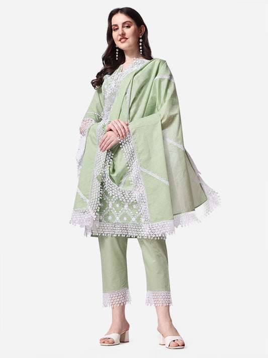 Lucknawi Embroidered Kurta With Pant & Dupatta Set, Multicolor - Hiral Fashion