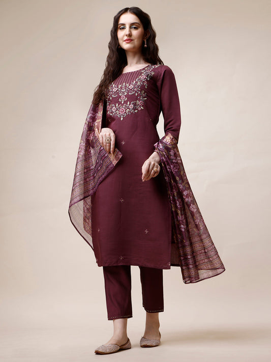 Embroidered Kurta With Pant And Dupatta Set, Multicolor - Hiral Fashion
