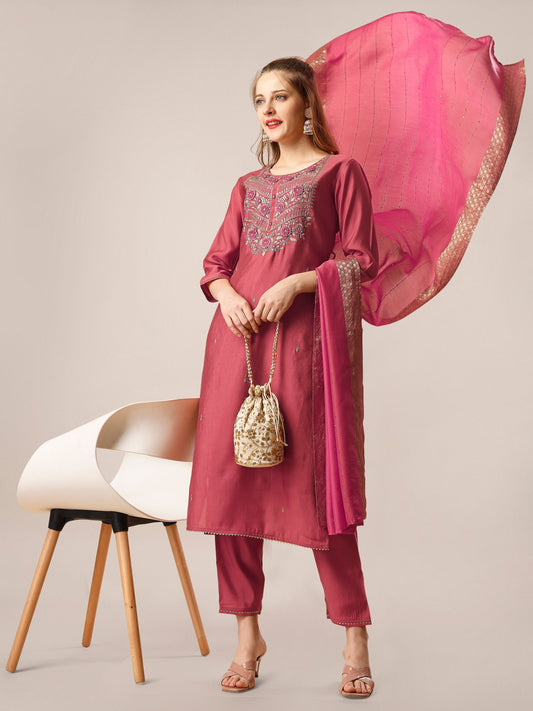 Hand Embroidered Kurta With Pant And Dupatta Set, Multicolor - Hiral Fashion