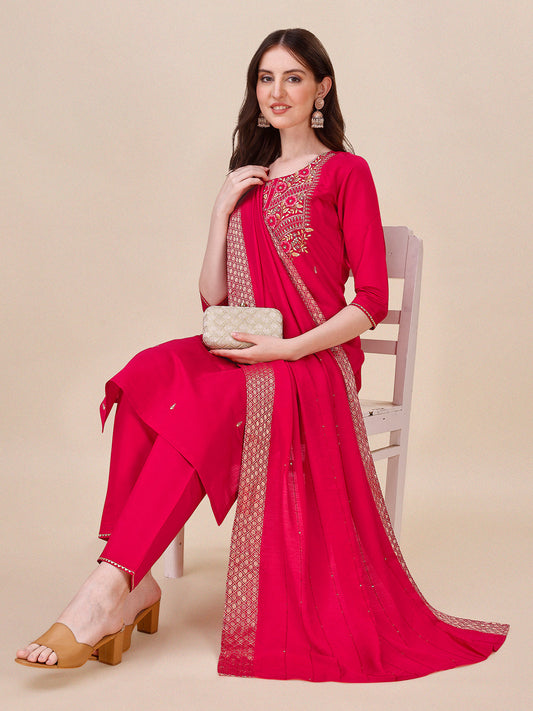 Chanderi Hot Pink Kurta With Pant And Dupatta Set, Multicolor - Hiral Fashion