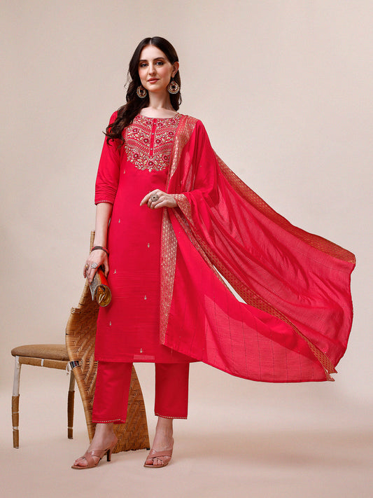 Handworked Red Kurta With Pant And Dupatta Set, Multicolor - Hiral Fashion