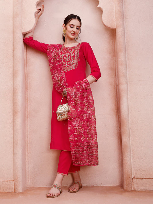 Embroidered Kurta With Pant And Dupatta Set, Multicolor - Hiral Fashion