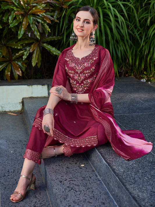 Hand Embroidered Kurta With Pant And Dupatta Set Premium, Multicolor - Hiral Fashion