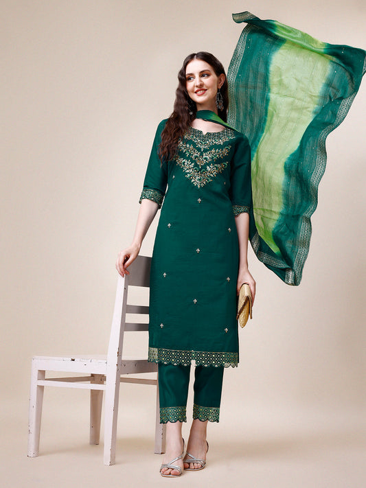 Hand Embroidered Chanderi Kurta With Pant And Dupatta Set Premium, Multicolor - Hiral Fashion