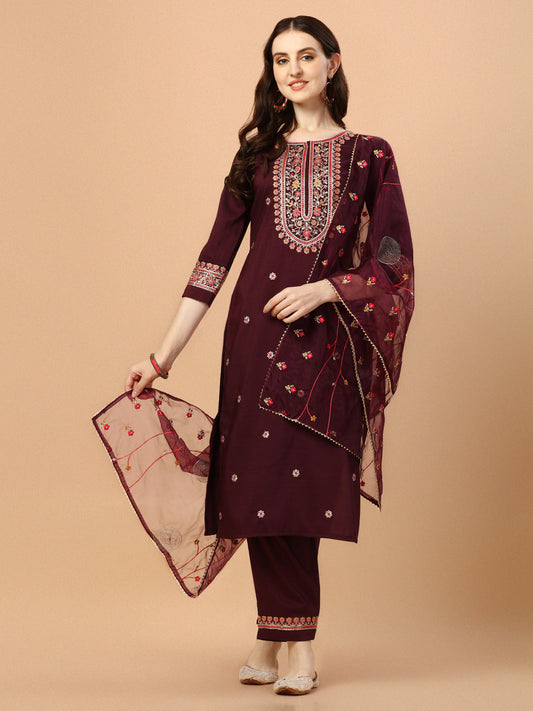 Embroidered Kurta With Pant & Embroidered Organza Dupatta, Multicolor - Hiral Fashion