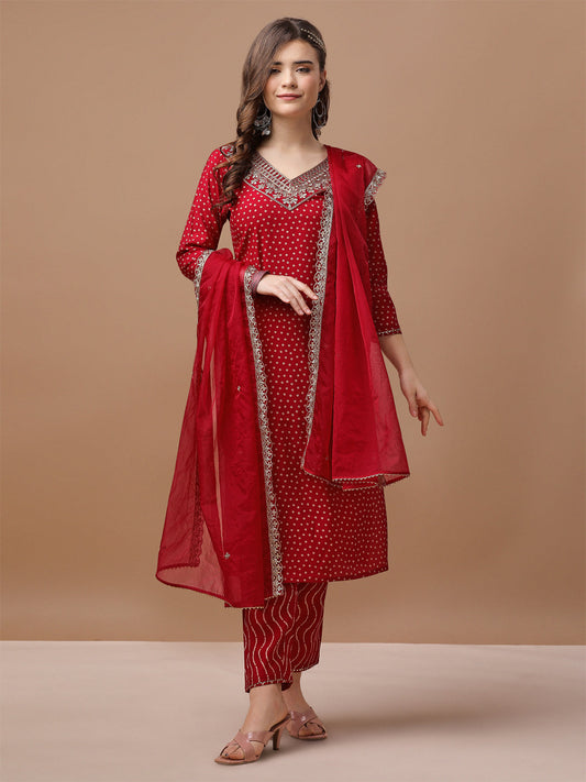 Embroidered & Bandhani Printed Kurta With Pant & Embroidered Dupatta Premium, Multicolor - Hiral Fashion