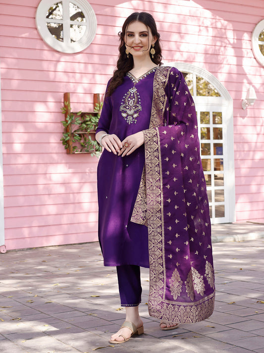 Hand Embroidered Purple Kurta With Pant & Banarasi Jacquard Dupatta Premium, Multicolor - Hiral Fashion