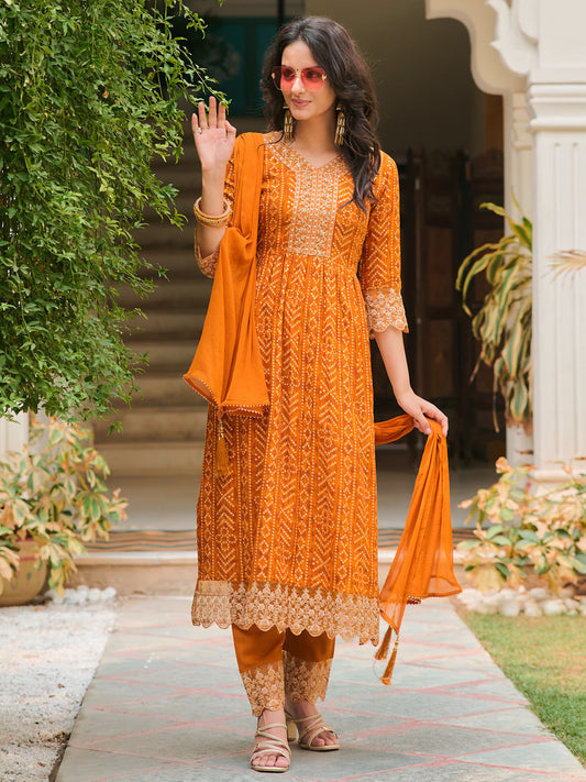 Nyra Cut Embroidered & Bandhani Printed Kurta With Lace Embroidered Pant & Dupatta, Mustard - Hiral Fashion