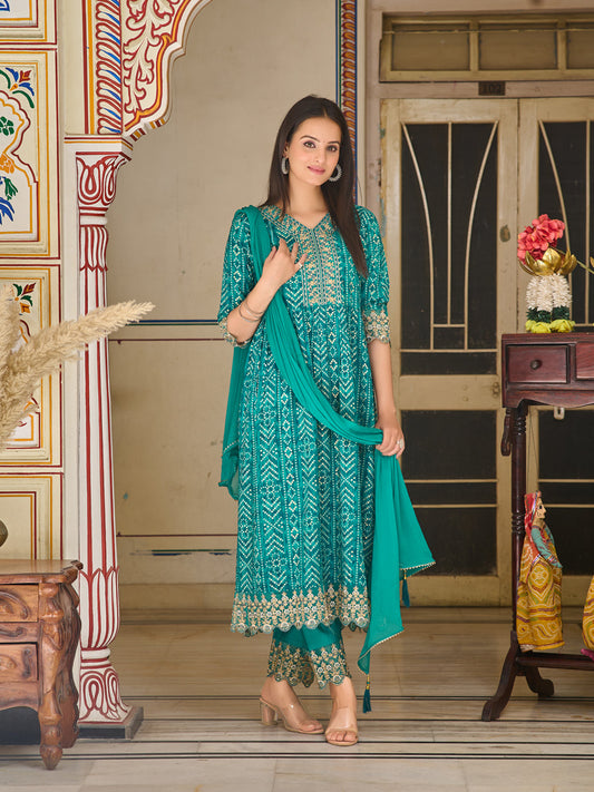 Nyra Cut Embroidered & Bandhani Printed Kurta With Lace Embroidered Pant & Dupatta, Teal - Hiral Fashion