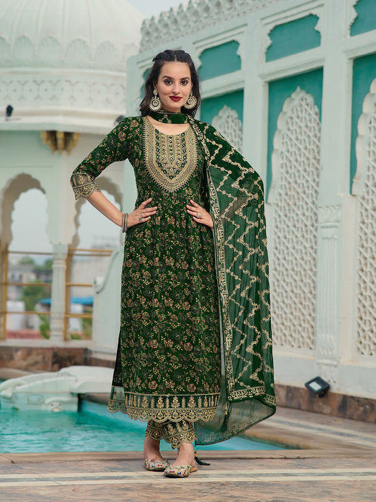 Nyra Cut Embroidered & Floral Printed Kurta With Pant & Foil Print Dupatta, Green - Hiral Fashion