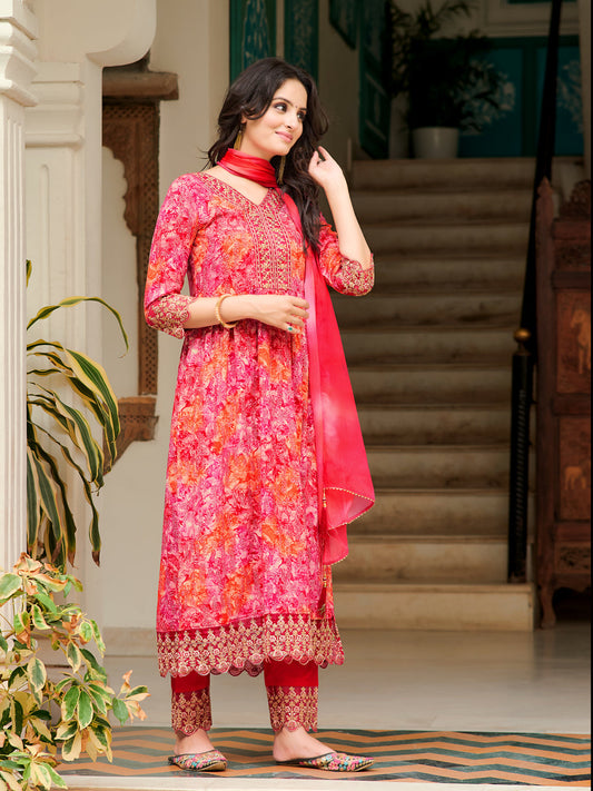 Nyra Cut Embroidered & Printed Kurta With Pant & Dupatta, Pink - Hiral Fashion