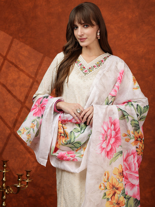 Chikankari & Embroidered Kurta With Pant & Printed Dupatta, White - Hiral Fashion