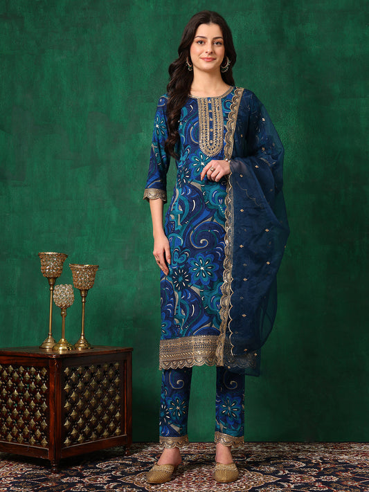 Sequined Embroidered & Printed Kurta With Pant & Embroidered Dupatta, Blue - Hiral Fashion