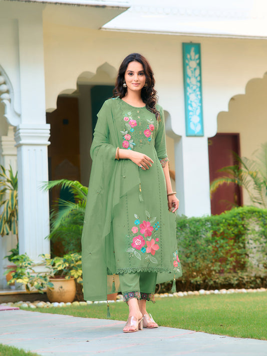 Hand & Machine Embroidered Kurta With Pant & Embroidered Dupatta, Green - Hiral Fashion