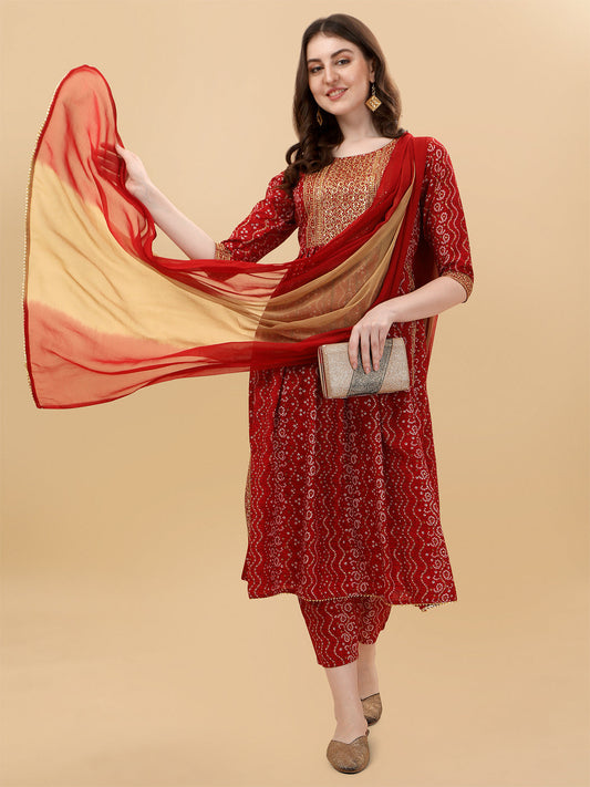 Nayra Cut Bandhani Printed & Embroidered Kurta With Pant & Dupatta Set, Multicolor - Hiral Fashion