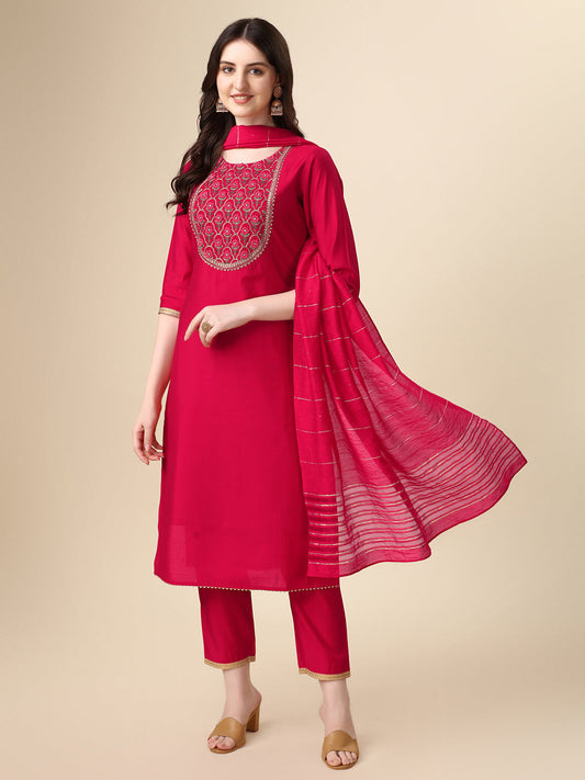 Embroidered Kurta With Pant And Dupatta Set, Multicolor - Hiral Fashion
