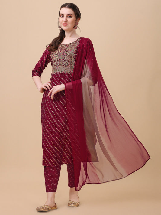 Leheriya Printed & Embroidered Kurta With Pant & Dupatta Set, Multicolor - Hiral Fashion