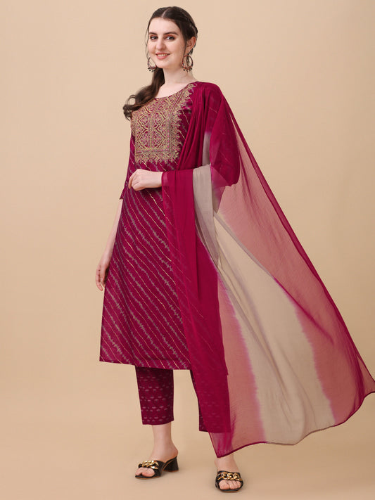 Leheriya Printed & Embroidered Kurta With Pant & Dupatta Set, Multicolor - Hiral Fashion