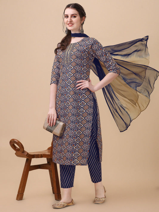 Printed Kurta With Pant And Dupatta Set, Multicolor - Hiral Fashion