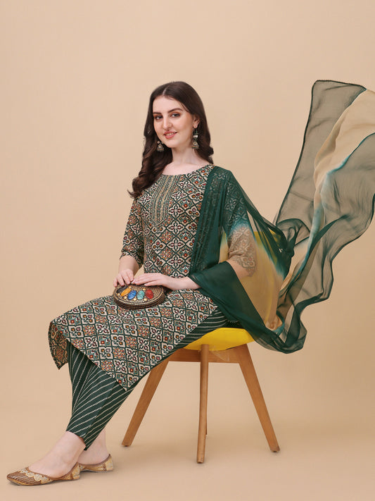 Berrylicious Womens Cotton Green Kurta With Pant And Dupatta Set., Multicolor - Hiral Fashion