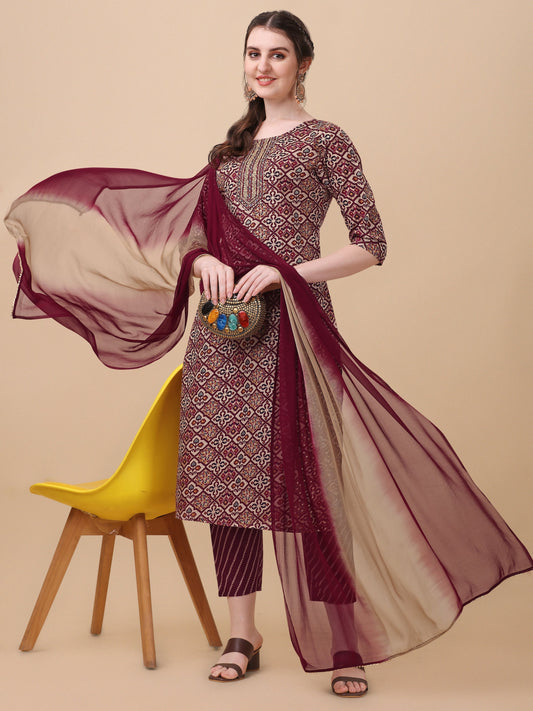 Printed Kurta With Pant And Dupatta Set, Multicolor - Hiral Fashion
