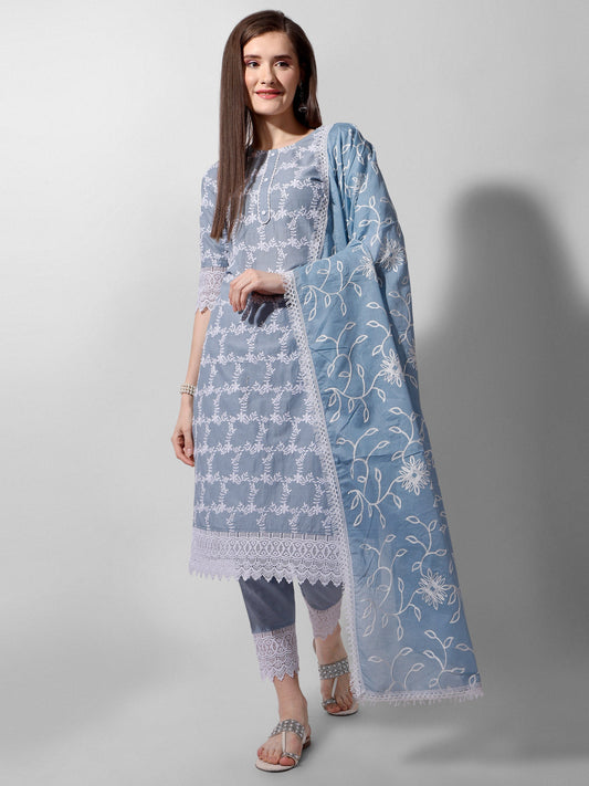 Embroidered Kurta With Pant And Dupatta Set, Multicolor - Hiral Fashion