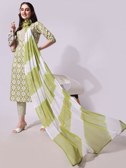 Cotton Green Printed Kurta With Pant & Dupatta Set, Multicolor - Hiral Fashion