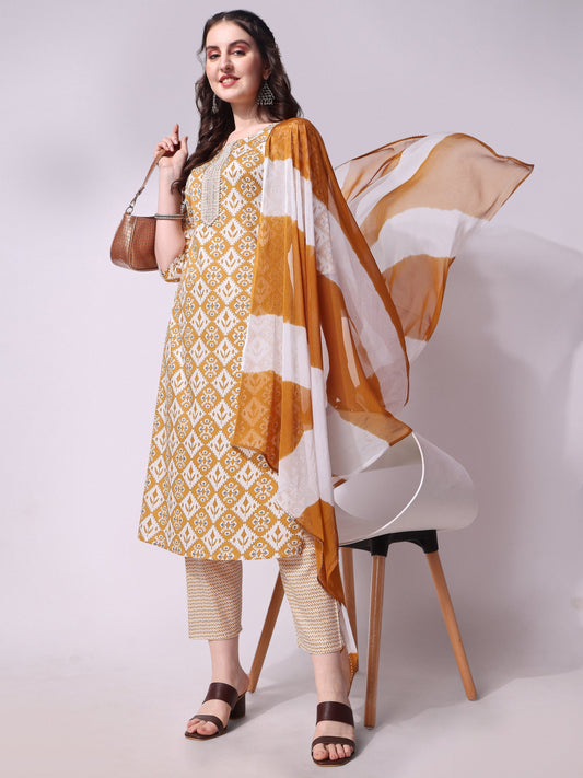 Printed Kurta With Pant & Printed Dupatta Set, Multicolor - Hiral Fashion